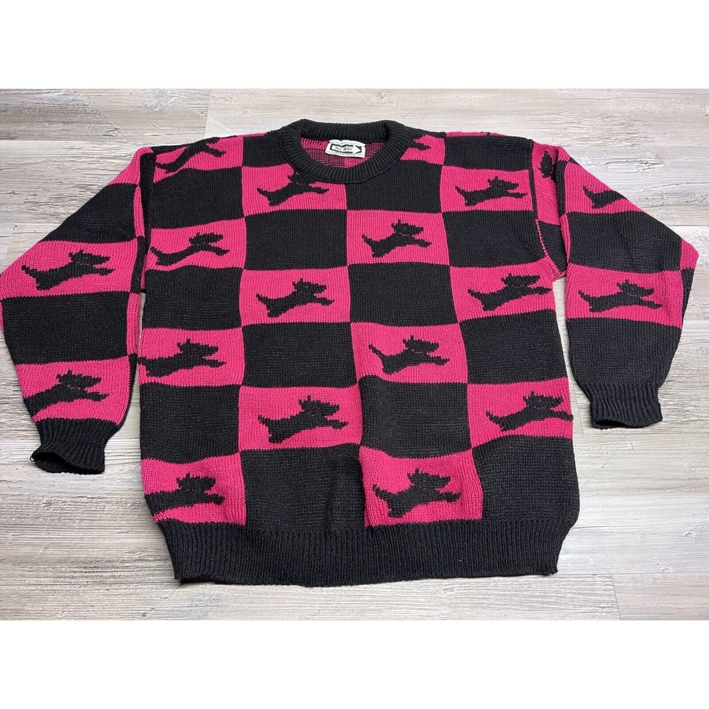 Vintage‎ 80s NO WAY Novelty Dog Checkered Pattern Acrylic Sweater